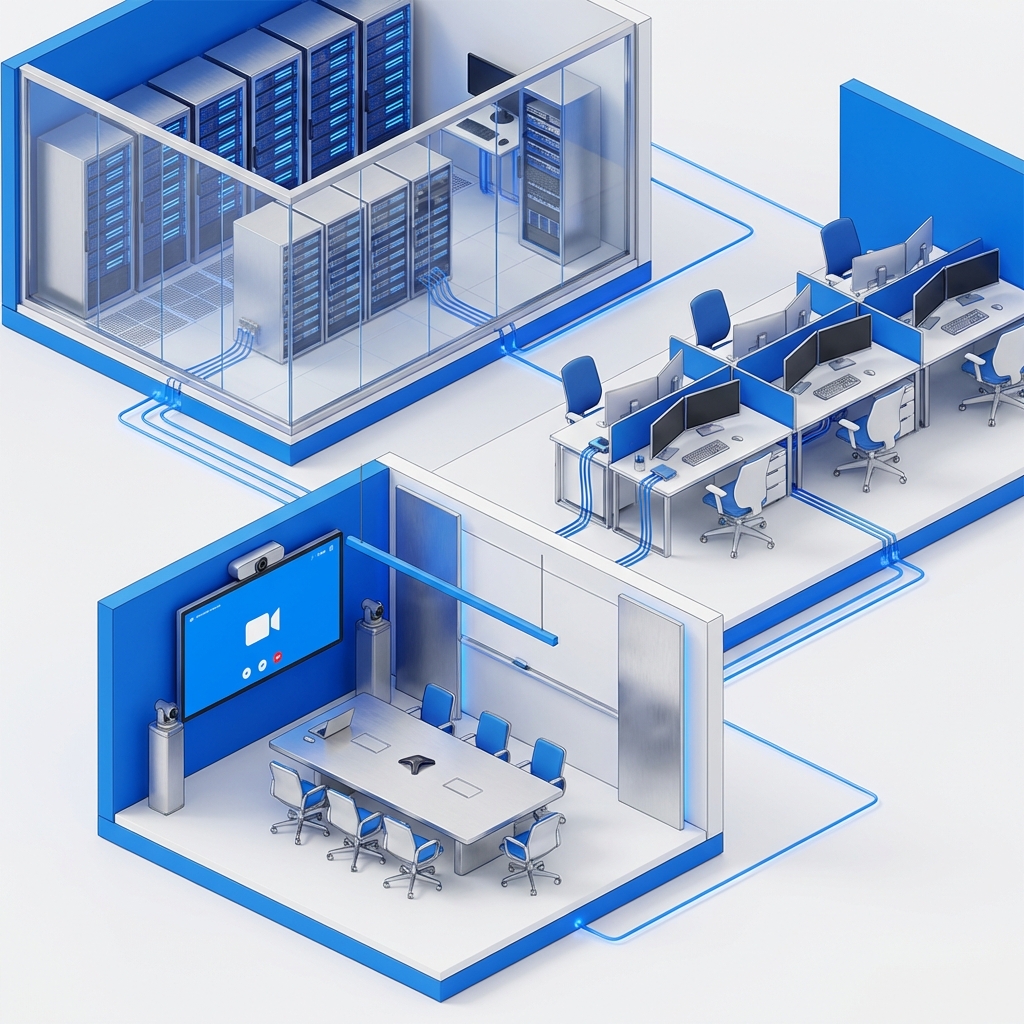 Enterprise IT Solutions - Server room, workstations, and conference room setup